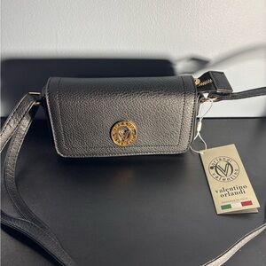 Valentino Orlandi Black Vegan Leather Crossbody with Gold Medallion
